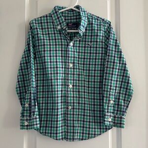Vineyard Vines Boys Whale Button Up Down Dress Gingham Shirt Blue Green Plaid 4T